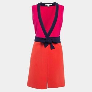 Diane von Furstenberg Pink and Orange Sleeveless Dress Wrap Dress with Navy Trim